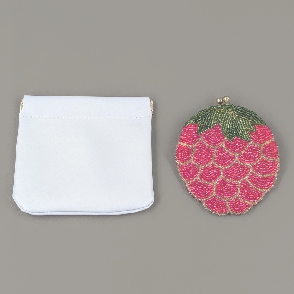 Vintage Handmade Korea Beaded Raspberry Fruit Coin Purse & Blue Pouch Set